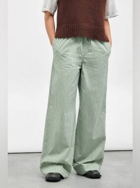 BDG Pull on Green White Stripe Cotton Drawstring Wide Leg Pants Size Medium